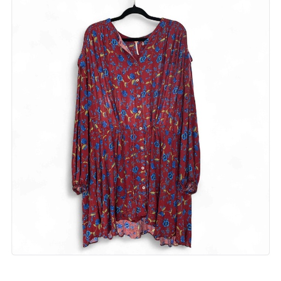 Free People Red and Blue Floral Long Sleeve Dress tunic  XL - Picture 2 of 8